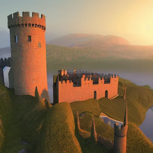 Image similar to Very very beautiful 3D render of a medieval castle at sunset, mountains are in the distance and fog is in the background. There is a detailed beautiful cobblestone bridge in the foreground leading to a huge castle. Cinema 4D, blender, octane, 8k, unreal engine