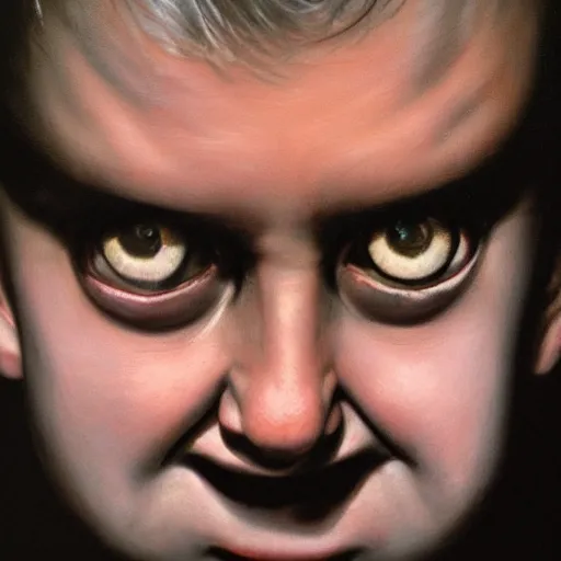 Prompt: high quality high detail painting by gottfried helnwein and juan francisco casas, hd, portrait of a dangerous psychopath, intense demonic look in the eyes, photorealistic lighting