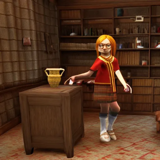 Image similar to Hairy Potter in Gryffindor's common room, Playstation 2 screenshot, 3D Render