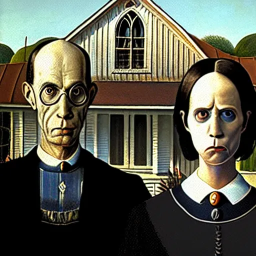 Image similar to of two scary cyborgs as the couple in the painting american gothic 4 k photorealism hd