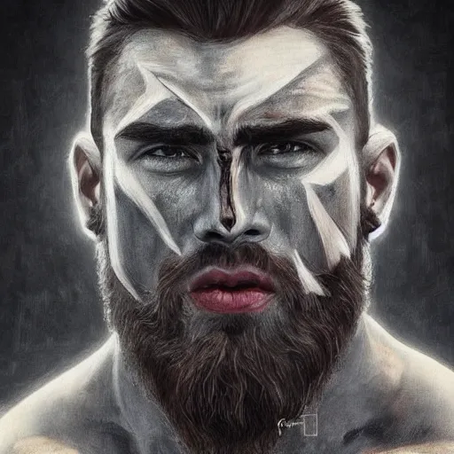 Image similar to Beautiful face Portrait of very manly Gigachad with very big jaws, big eyebrows, colorful face painting on grey scale face, powerful , magic, thunders, dramatic lighting, intricate, wild, highly detailed, digital painting, artstation, concept art, smooth, sharp focus, illustration, art by artgerm and greg rutkowski and alphonse mucha, footage from space camera