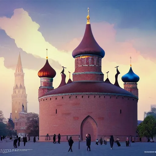 Image similar to chinese - style kremlin and chinese st. basil's cathedral on wide stone square at gentle dawn, a huge portrait of mao on the kremlin wall, at gentle dawn pink light, rossdraws, artgerm, norman rockwell, emiliano ponzi, epic composition, hd, octane, unreal engine, volumetric lighting, light rays, masterpiece, award - winning