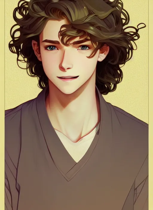 Image similar to young man with medium - length, curly, golden hair, perfectly proportioned face, aquamarine eyes, sweet smile, natural lighting, path traced, highly detailed, high quality, cartoon, digital painting, by new haicheng and studio ghibli and alphonse mucha