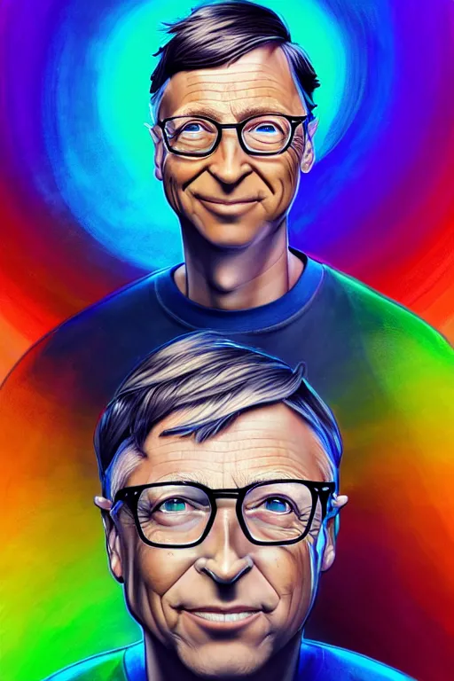 Image similar to a award winning half body portrait of a bill gates with stunning eyes in a croptop and cargo pants with rainbow colored hair, outlined by whirling illuminated neon lines and fine lines swirling in circles by jesper ejsing and rhads and makoto and shinkai and lois van baarle, digital art, trending on artstation