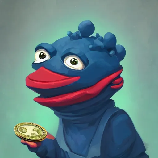 Image similar to super rich happy pepe, luxury, treasury, coins, money, hyper detalied, blue crystals, greg rutkowski, artstation