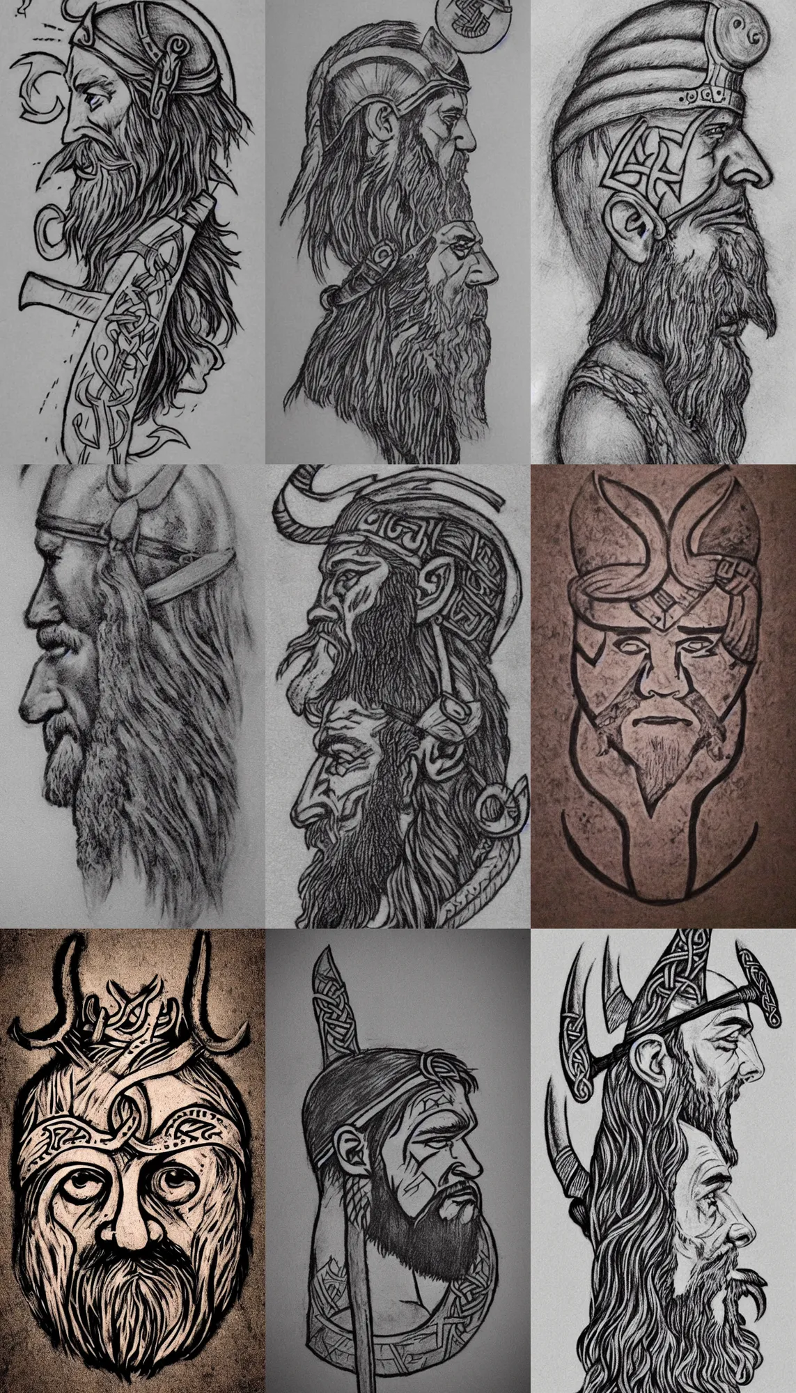 Prompt: Viking face in profile, with rune tattoos, only face, drawing