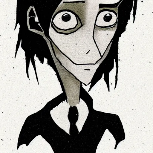 Image similar to young man portrait, black hair, skinny, sleep deprived, corpse bride art style