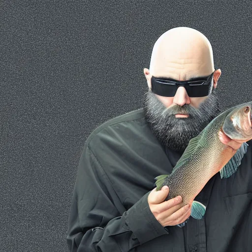 Image similar to bearded and bald man armed with a fish in matrix universe