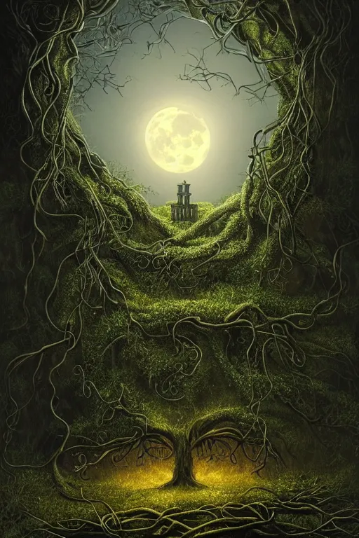 Image similar to a beautiful digital illustration painting of a detailed gothic fantasy full moon and roots, throne seat and vines by by benoit b. mandelbrot, steven belledin, martin johnson heade, lee madgwick, caspar david friedrich, and david rios ferreira. 8 k resolution trending on artstation concept art digital illustration