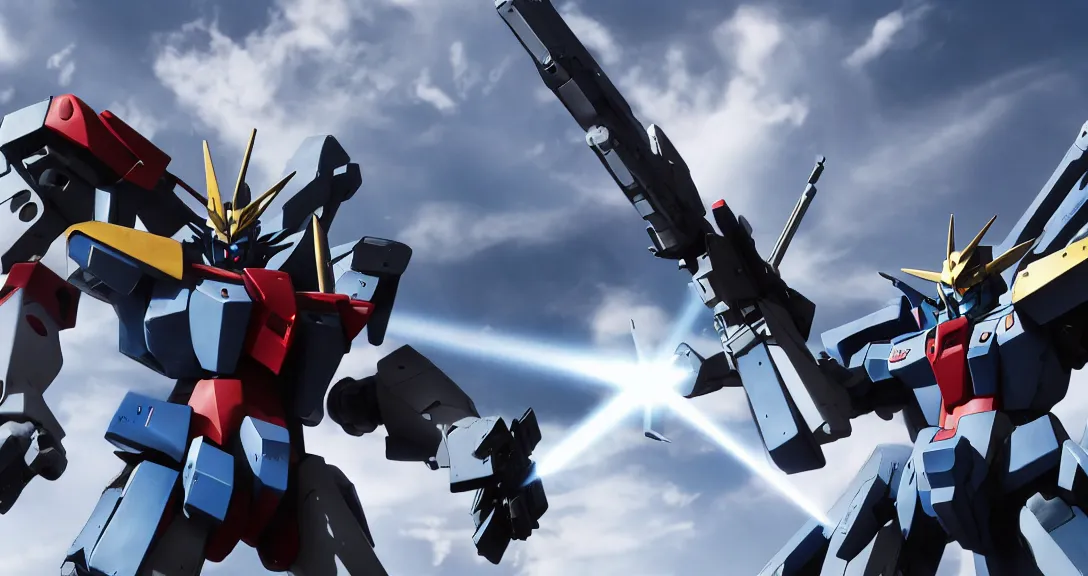 Image similar to Photorealistic Gundam, Realistic, Lasers, Guns, Weapons, Robot, Giant Fighting Robot, Robot with guns