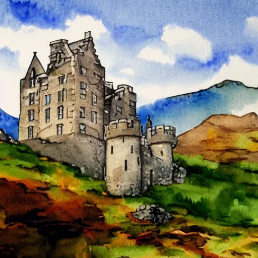 Image similar to beautiful scottish castle mountaintop watercolour mcdonalds resteraunt