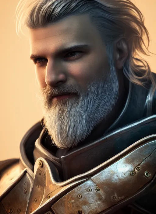 Image similar to an epic fantastic realism style portrait painting of an aasimar paladin, male, silver hair, short brown beard, d & d concept art, unreal 5, daz, teal aesthetic, octane render, centered in frame, cosplay, rpg portrait, dynamic lighting