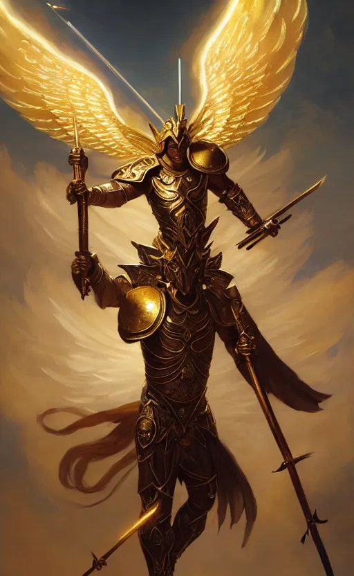 Prompt: dynamic fullbody portrait of a powerful magical warrior screaming to the sky, armed with elaborate spear, angelic wings, golden armor, well lit, by greg rutkowski and gaston bussiere and craig mullins and j. c. leyendecker, volumetric lighting, hd