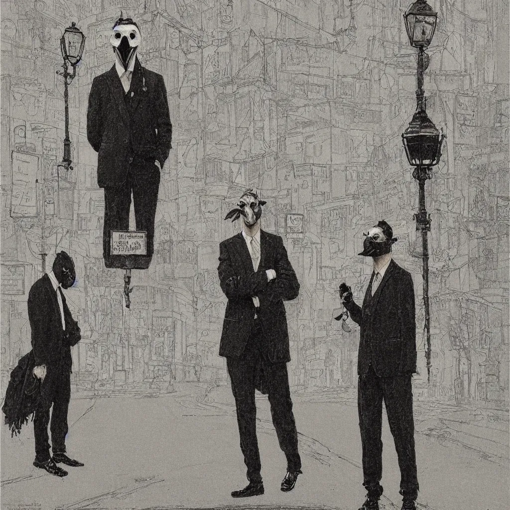 Image similar to a highly detailed portrait of a man wearing a suit and a raven mask standing in the middle of a street illuminated by a lone street lamp, by norman rockwell, cinematic lighting, detailed drawing