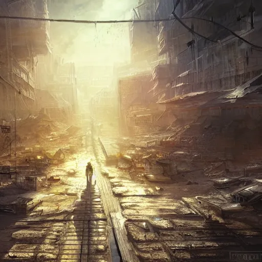Image similar to post - apocalyptic city, concept art, digital painting, trending on artstation, highly detailed, volumetric lighting, 8 k, epic composition