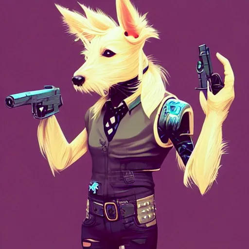 Image similar to a portrait of an anthropomorphic cyberpunk blond terrier! holding a shotgun, fantasy, elegant, digital painting, artstation, concept art, matte, sharp focus, illustration, art by josan gonzalez