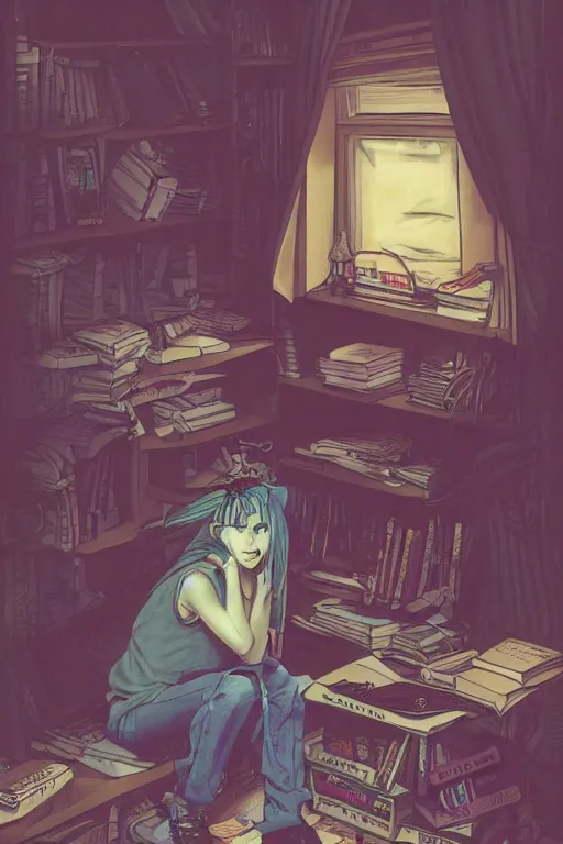 Image similar to goth guy sitting on the floor of a cluttered 9 0 s bedroom reading a book by sophie anderson, vaporwave colors, lo - fi, concept art, smooth, detailed, toon shading, cel shading, animation, 4 k, hd,