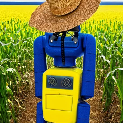 Prompt: a photo of a yellow farming robot wearing a straw hat and blue overalls in the corn field, robots, humanoid, chappie, farming, photorealistic, 8 k