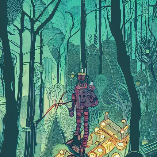 Image similar to Stunningly intricate illustration of single cyberpunk explorer holding with one hand his small friendly flying robot, lush forest in background, highly detailed, midnight, by Victo Ngai and James Gilleard , Moebius, Laurie Greasley