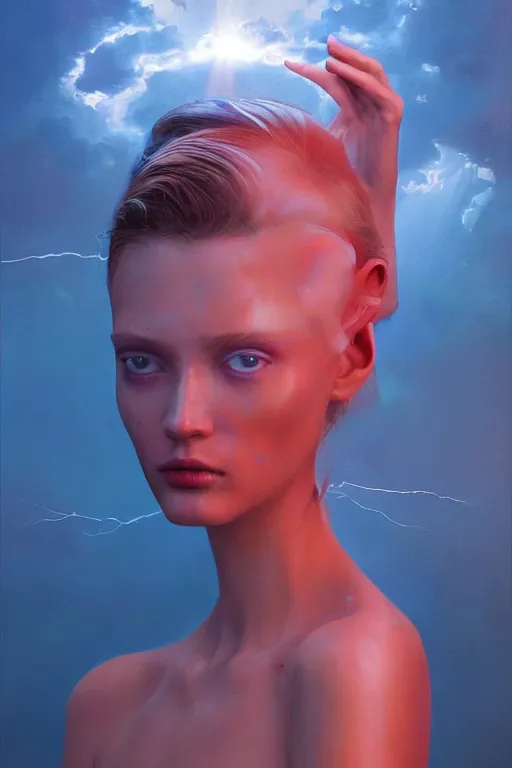 Prompt: 3 d, sci - fi, morning, sleepy fashion model face, sun rays, cinematic, lightning clouds, vogue cover style, stanley kubrick, light red and deep blue mood, realistic painting, intricate oil painting, high detail, figurative art, multiple exposure, poster art, 3 d, by tooth wu and wlop and beeple and greg rutkowski