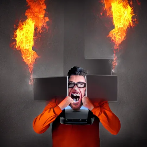 Prompt: a man holding a laptop screaming in rage as flames emerges from his hair, stock photo, realistic, hdr, clear image, hdd, dynamic lighting, rtx on,