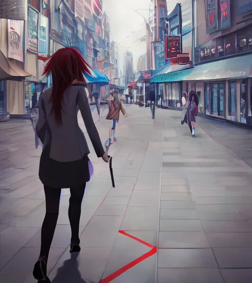 Image similar to a girl in a business is walking in the middle of the street, she has a red necktie and grey hair, digital painting, art by tran ross, anime art, artstation, hd, smooth