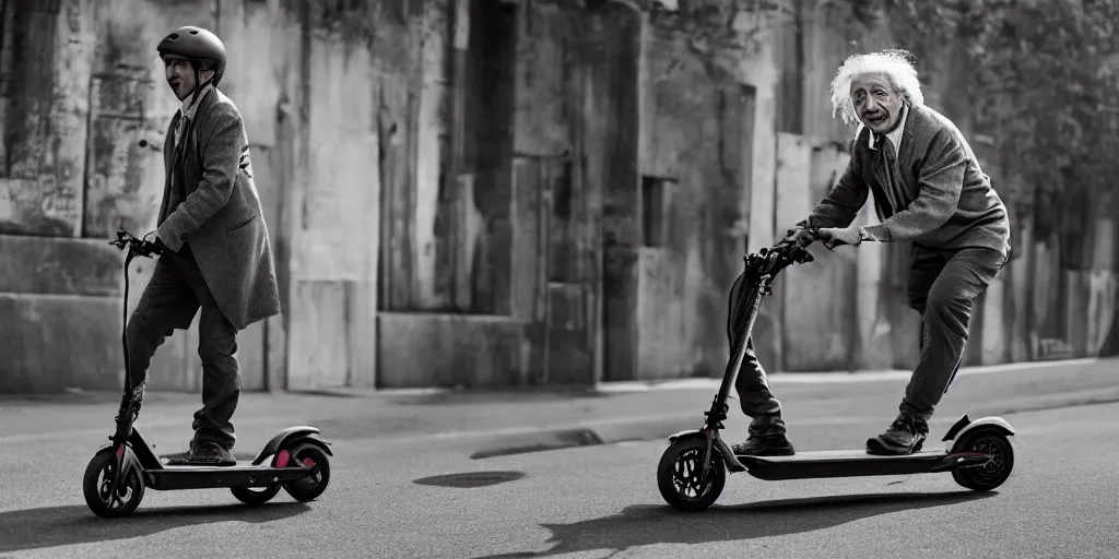 Image similar to Albert Einstein rides an electric scooter with his tongue out, moody, beautiful composition, hyper detailed, insane details 8K