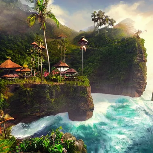 Image similar to A beautiful, perfect, impressive, amazing concept art digital CG painting of a place in Bali, trending on ArtStation, Unreal Engine