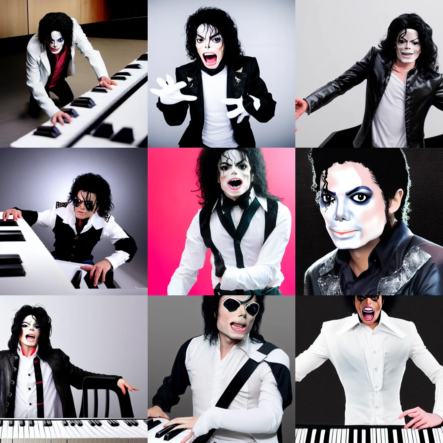 Prompt: poor cosplay of michael jackson expressively playing the keyboard, white background