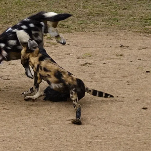 Image similar to african wild dog fighting an alligator on drugs