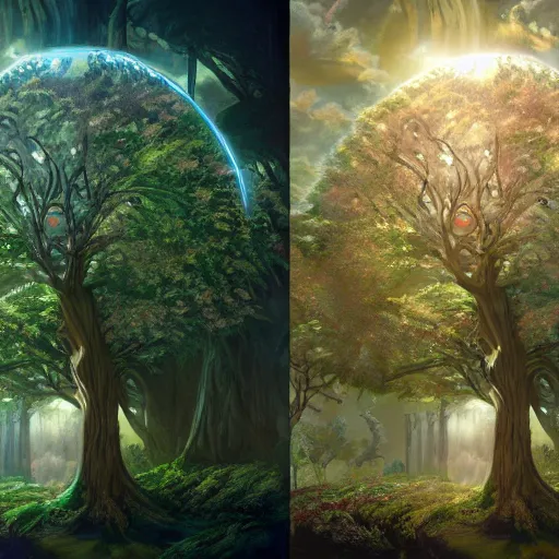 Image similar to tree of life, four seasons, volymetric light, highly detailed matte painting by ( ohrai ), charlie bowater and mark brooks and