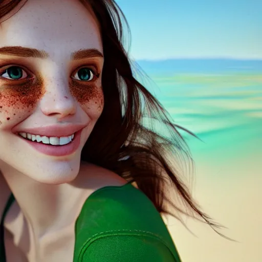 Image similar to portrait of a cute thin young woman, bronze brown hair, eye color is emerald green, red blush, cute freckles, smug smile, modern clothes, relaxing on the beach, golden hour, close up shot, 8 k, art by irakli nadar, hyperrealism, hyperdetailed, ultra realistic