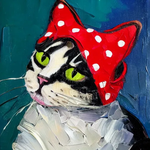 Image similar to palette knife oil painting of a cat wearing a mickey gloves