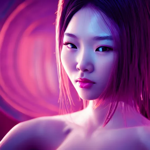 Prompt: a portrait of a full body beautiful futuristic asian girl, young with long hair, neon bioluminescence, under water, hyper - realistic, very detailed, intricate, very sexy pose, slight smile expression, unreal engine, dramatic cinematic lighting rendered by octane, 8 k, detailed