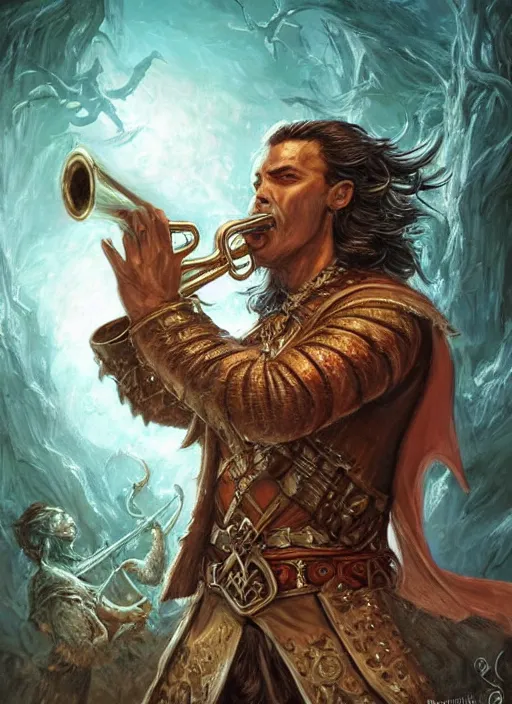 Image similar to bard playing trumpet, ultra detailed fantasy, dndbeyond, bright, colourful, realistic, dnd character portrait, full body, pathfinder, pinterest, art by ralph horsley, dnd, rpg, lotr game design fanart by concept art, behance hd, artstation, deviantart, hdr render in unreal engine 5