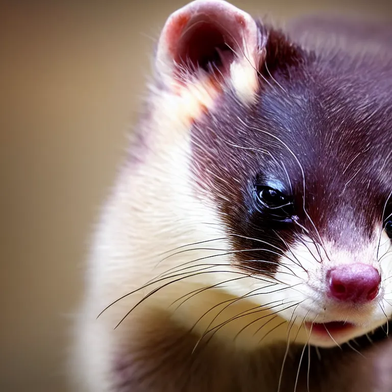Image similar to Close up of a ferret, photo realistic, dramatic lighting, Nat Geo award winner, 100mm lens, bokeh