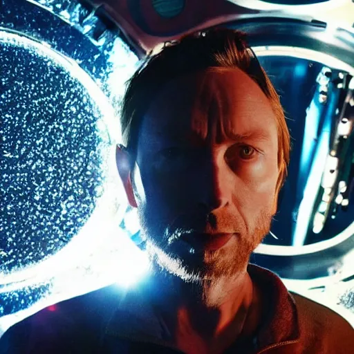 Prompt: thom yorke singer songwriter in a spacesuit, space station light reflections, ultrafine detail, hyper realistic face, beautiful eyes, chiaroscuro, associated press photo, eyes reflecting into eyes reflecting into infinity