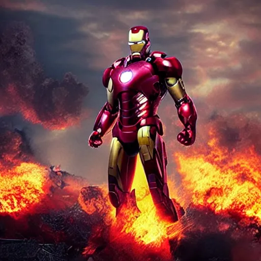 Prompt: < photo hd stunning gritty reimagined gaze = camera > iron man with a flamethrower, burning city in the background < / photo >