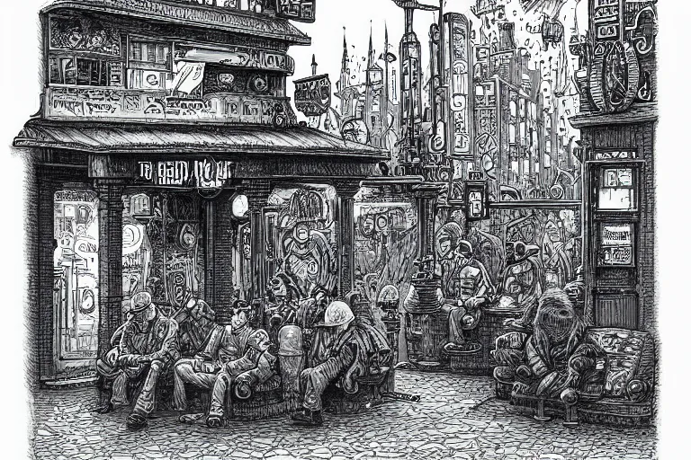 Prompt: a drawing of some people waiting in a lone bus stop in qiet dark city by Joe Fenton