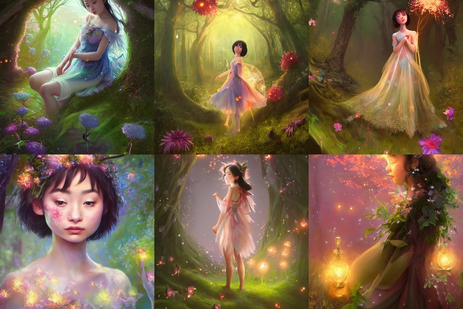 Prompt: Suzu Hirose as fairy princess in a magical forest at dusk lit by fireflies, ivy vine leaf and flower top , digital art by Mandy Jurgens, Irina French, Heraldo Ortega, hyperdetailed, artstation, cgsociety