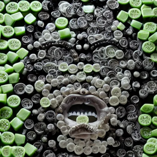 Image similar to a man made entirely of pickles, highly detailed, horror movie, black and white