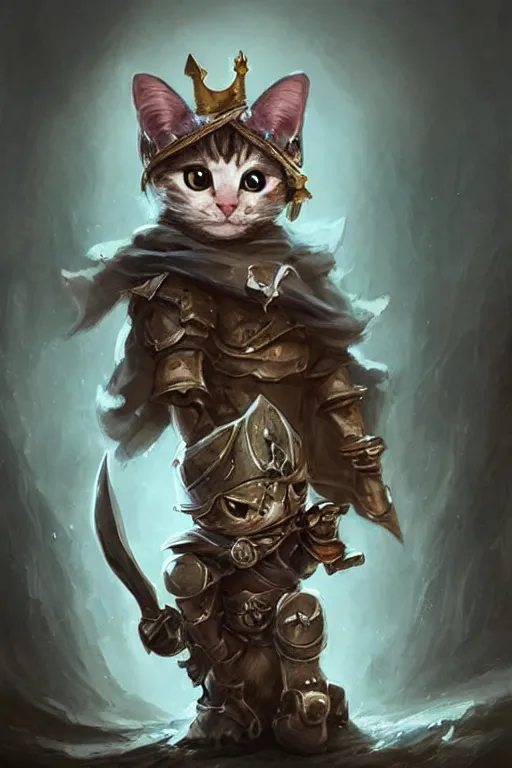 Image similar to cute little anthropomorphic cat knight wearing a cape and a crown, tiny, small, miniature cat , baby animal, short, pale blue armor, cute and adorable, pretty, beautiful, DnD character art portrait, matte fantasy painting, DeviantArt Artstation, by Jason Felix by Steve Argyle by Tyler Jacobson by Peter Mohrbacher, cinematic lighting