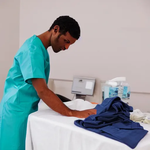 Prompt: Surgeon ironing his patient