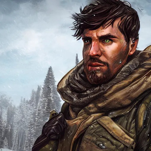 Prompt: A comic book style portrait painting of a male ranger in a a post apocalyptic winter landscape, unreal 5, DAZ, hyperrealistic, octane render, RPG portrait, ambient light, dynamic lighting