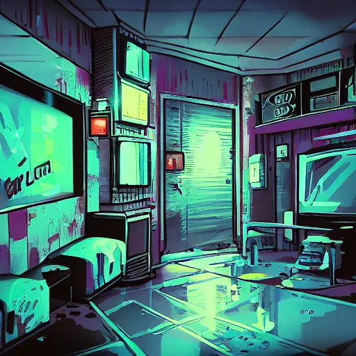 Prompt: run down cyberpunk motel room