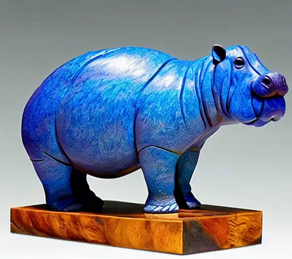 Image similar to a sculpture of hippo baby, bottom half wood!!!!! carved, top half blue translucid resin epoxy, cubic blocks, side view centered, studio