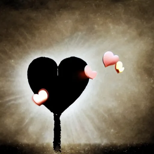 Image similar to exploding heart in several small pieces, sadness, dark ambiance