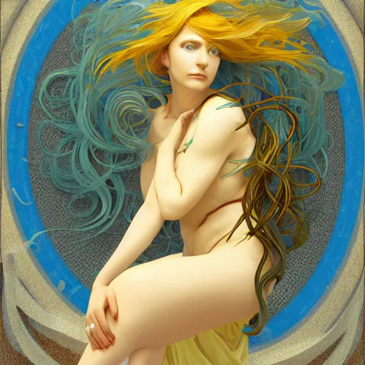 Prompt: a professional portrait of rimuru tempest with light blue hair, yellow irises, wavy havy hair, contemplating deep philosophical quandaries, as seen on deviant art, octane render, in the style of alphonse mucha, ultra realistic, highly detailed, 8 k,