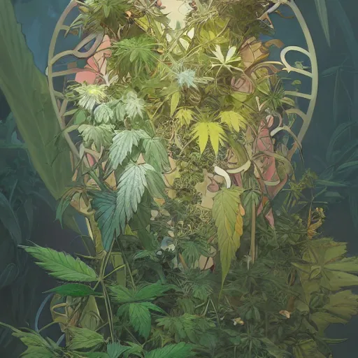 Image similar to a cannabis plant, bio vegetal concept art, by Peter Mohrbacher and Alphonse Mucha, chess, amazonia, detailed, style, 8k, trending on artstation, unreal engine 4k, detailed, clean background trending, full shot, symmetrical portrait, sophisticated, Unreal engine, dystopia, anti-utopia, post processing, psychadelic