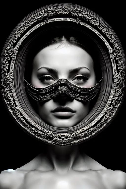 Image similar to portrait of a young beautiful woman with a mask. contemporary photograph, speed painting, fractal, mandelbulb. black and white, black on black. intricate, elegant, super highly detailed, professional digital painting, concept art, smooth, sharp focus, no blur, no dof, extreme illustration, Unreal Engine 5, Photorealism, HD quality, 8k resolution, 3D, beautiful, cinematic, art